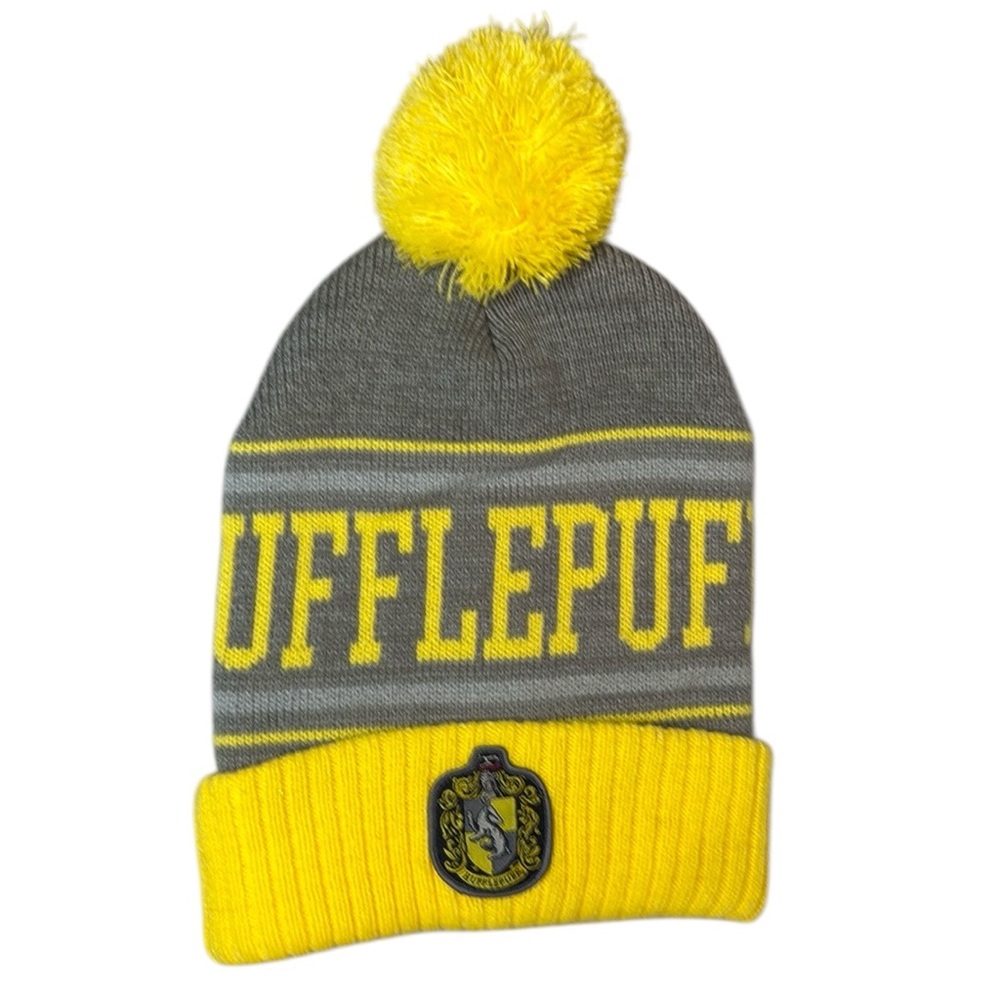Harry Potter Wizarding World Hufflepuff Gray & Yellow Beanie Winter Hat Puff